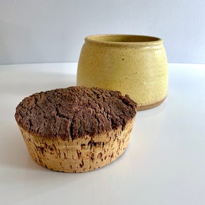 Medium Studio Pottery Cookie Jar, Treat Jar, Rustic Cork n Stoneware, Mustard Yellow with Brown Speckles Kitchen Bathroom Storage Canister image 4