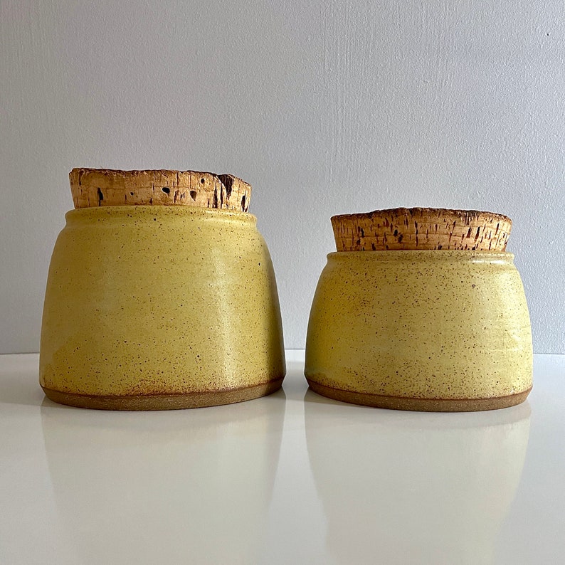 Medium Studio Pottery Cookie Jar, Treat Jar, Rustic Cork n Stoneware, Mustard Yellow with Brown Speckles Kitchen Bathroom Storage Canister image 8