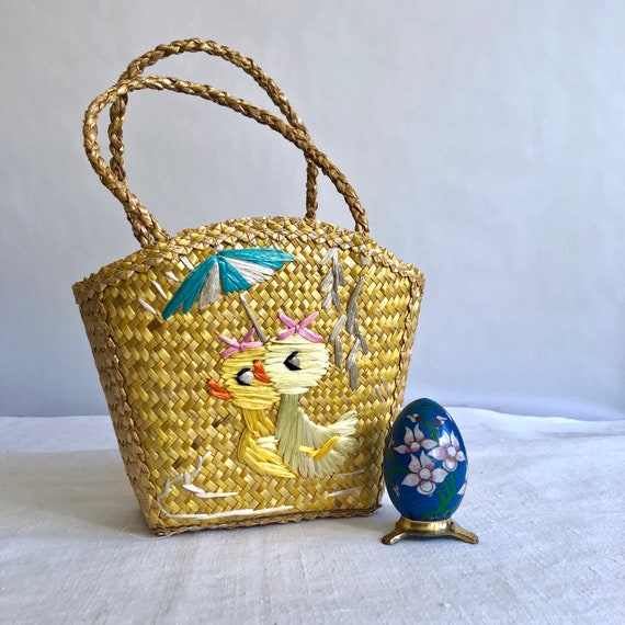 Vintage Wicker Woven Easter Basket Ducks And Parasol Yellow Etsy