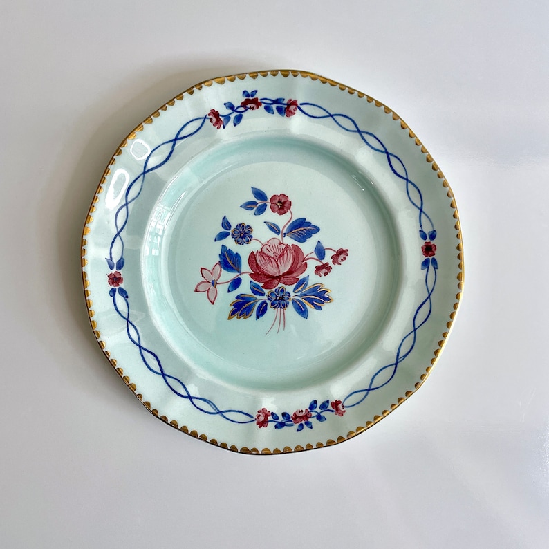 Adams China Calyx Ware, English Ironstone, Hand Painted, Bread and Butter Plate, Cascade pattern Red, Robin's Egg n Navy Blue, Gilt Gold image 5