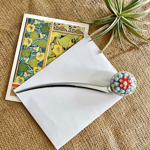 Millefiori Letter Opener, Desk Accessory, Paperweight - Vintage Pastel Cane Flower in Mint Periwinkle Coral Lavender, Art Glass, Mouth Blown