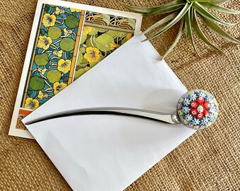 Millefiori Letter Opener, Desk Accessory, Paperweight - Vintage Pastel Cane Flower in Mint Periwinkle Coral Lavender, Art Glass, Mouth Blown