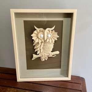 Vintage Shadow Box Frame, Cut Paper, 3D, Owl Wall Hanging Art Signed by artist, White Brown Grey, 1980's, Neutral Halloween Home Decor image 2