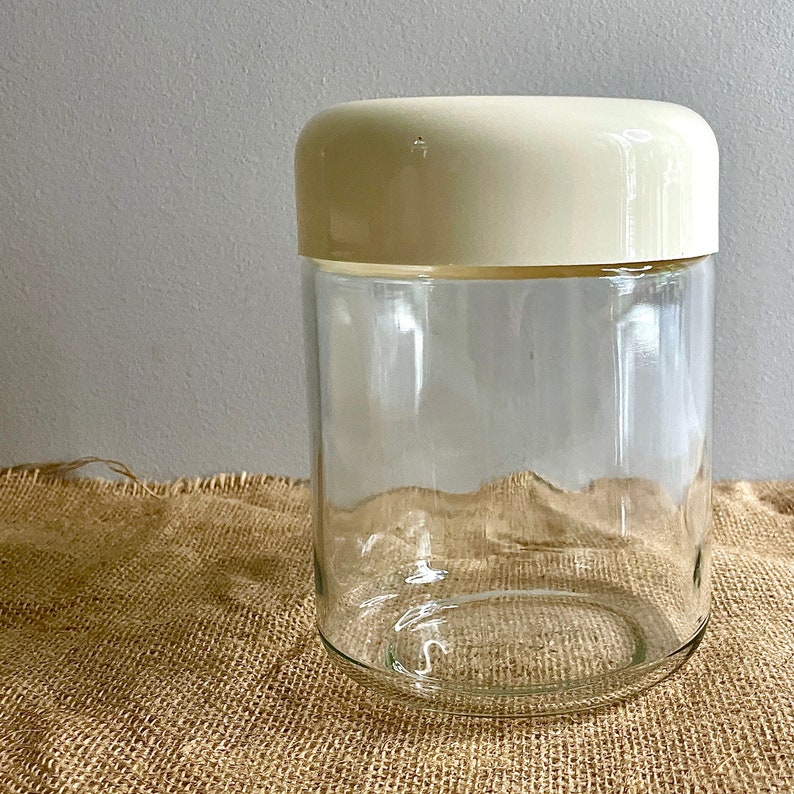 Vintage MCM Heller Vignelli Storage Container, Glass and White Plastic 7 inch, Kitchen Bathroom Canister, Dog Treats, Pantry Organizer image 2