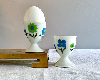 Vintage Pair of Porcelain China Egg Cups, Mod Blue and Green Flowers - Mid Century, Breakfast Table, Cottagecore, Turquoise Lime Olive