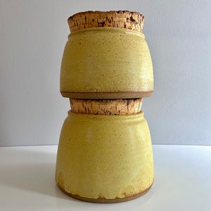 Medium Studio Pottery Cookie Jar, Treat Jar, Rustic Cork n Stoneware, Mustard Yellow with Brown Speckles Kitchen Bathroom Storage Canister image 6