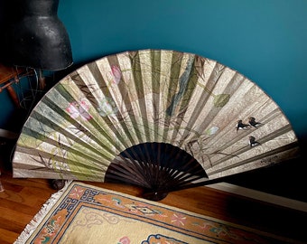 Large Vintage Asian Fan, Hand Painted Lotus Flowers and Birds, 3 x 5 feet - Green Pink Silver, Chinoiserie, Paper and Bamboo, Signed