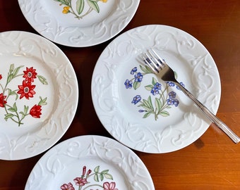 4 DANSK Porcelain Dessert, Side or Cake Plates - Floating Leaves pattern, Floral Flower, Spring Summer, Garden Tea Party, Cottage Core