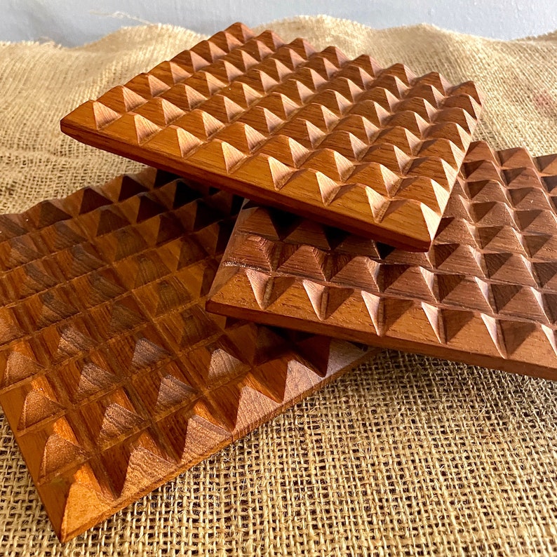 Set of 3 Dansk Teak Wood Trivets, Hot Pads or Mats, Table Protectors, Tea Kettle Stand Sawtooth, Raised, Mid Century Scandinavian Modern image 1