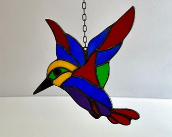 Vintage Stained Glass Hummingbird Suncatcher Sun Catcher - Soldered, Real Glass, Artist Made, Red Blue Yellow Green Purple Brown