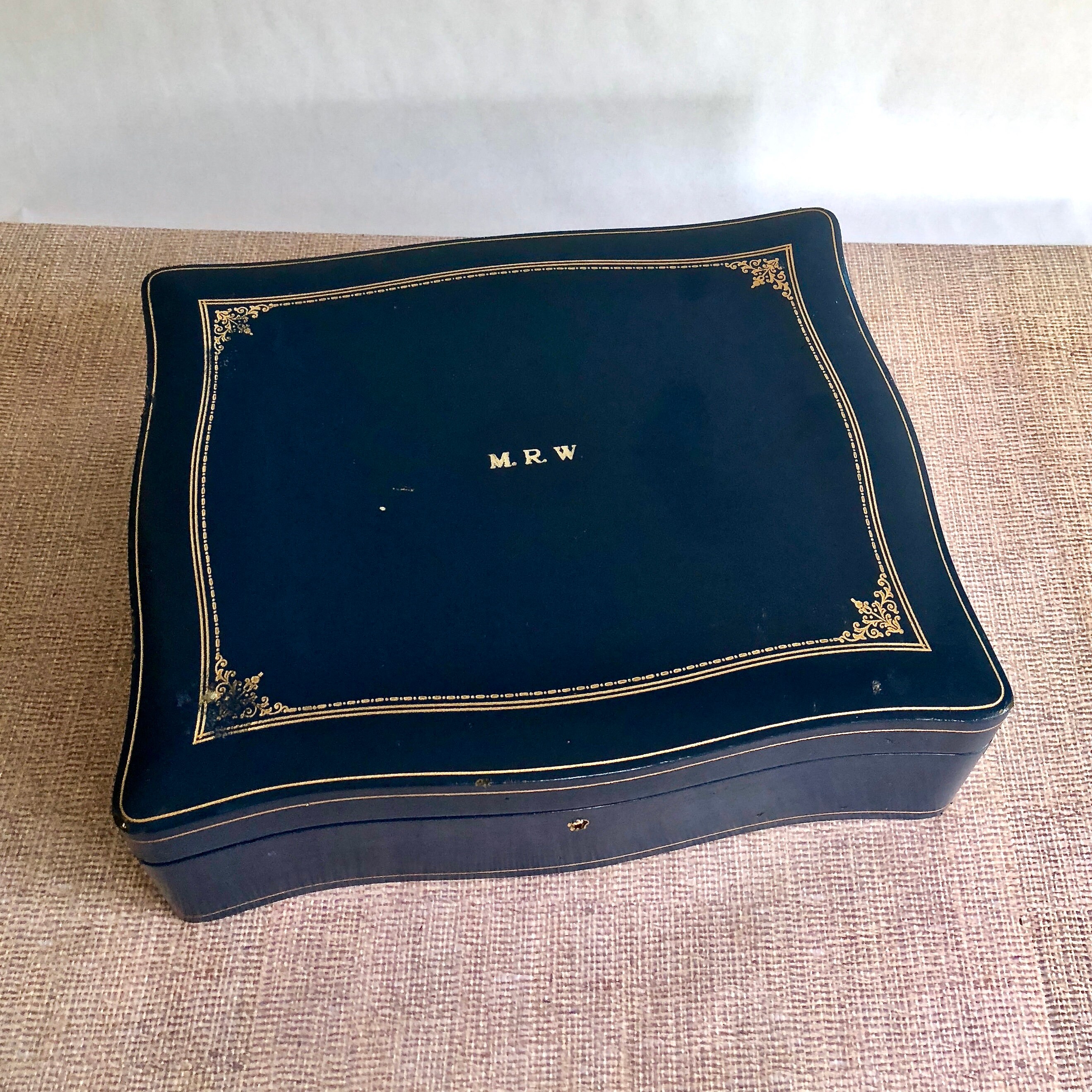 Vintage Navy Blue Leather Jewelry Box with Red Velvet Lining Etsy