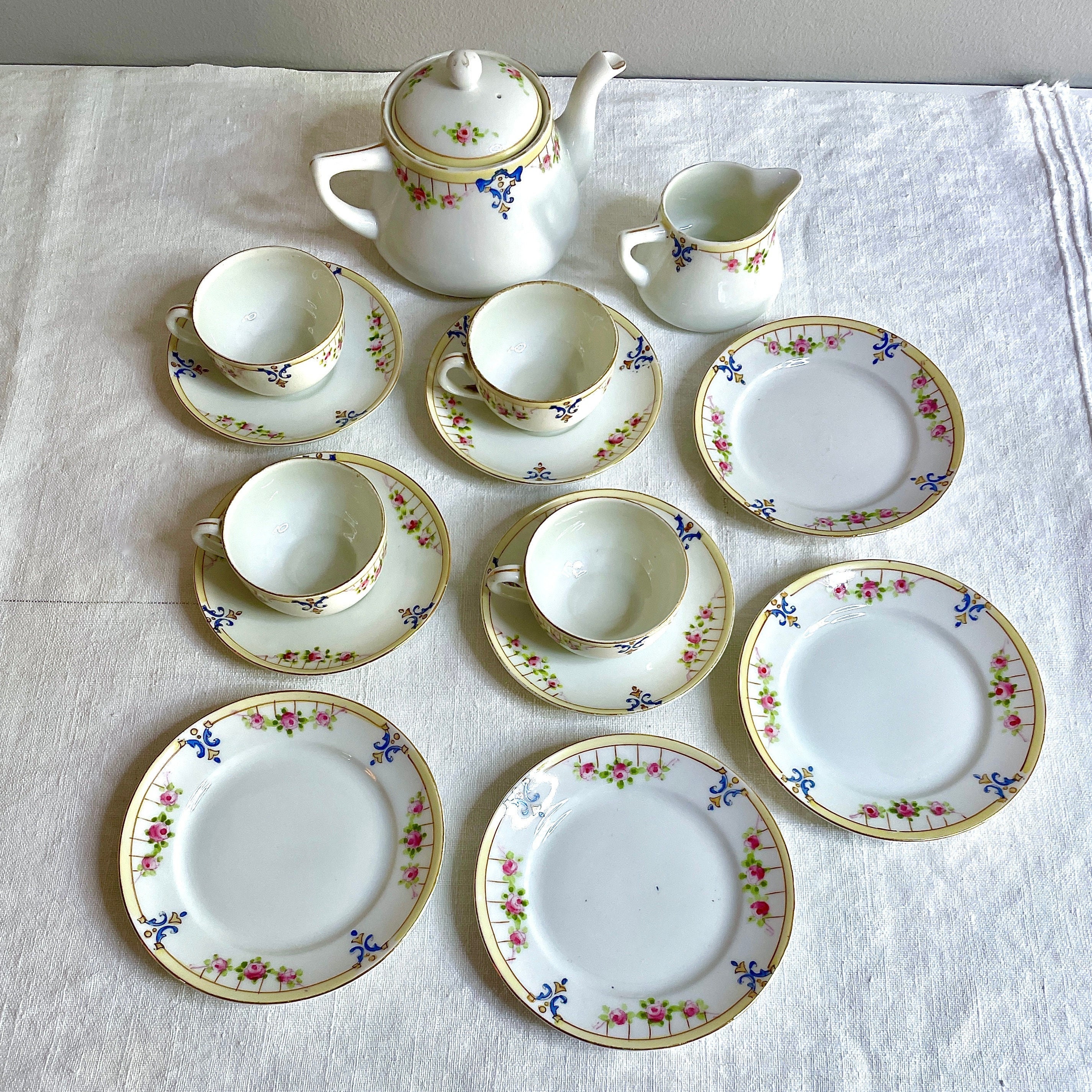 Nippon Antique Child's Tea Set, 15-piece, Hand-painted, Miniature Porcelain China 1911 to 1921, Pink Green Roses, Gilt, Blue Yellow Band - Etsy Nippon Antique Child's Tea Set, 15-piece, Hand-painted, Miniature Porcelain China 1911 to 1921, Pink Green Roses, Gilt, Blue Yellow Band - Etsy
