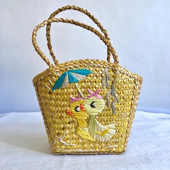 Vintage Wicker Woven Easter Basket Ducks And Parasol Yellow Etsy