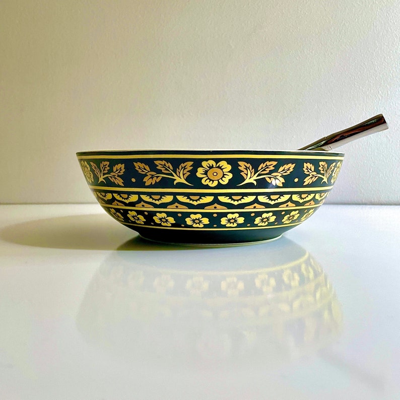 Vintage Large Serving Bowl, Sevilla Bidasoa by Block, 1969, Yellow and Gold Flowers on Matte Black Mid Century Modern Porcelain China image 1