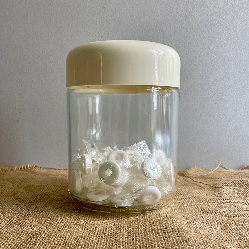 Vintage MCM Heller Vignelli Storage Container, Glass and White Plastic 7 inch, Kitchen Bathroom Canister, Dog Treats, Pantry Organizer image 1