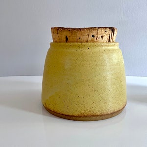 Large Studio Pottery Cookie Jar, Treat Jar, Rustic Cork n Stoneware, Mustard Yellow with Brown Speckles - Kitchen Bathroom Storage Canister