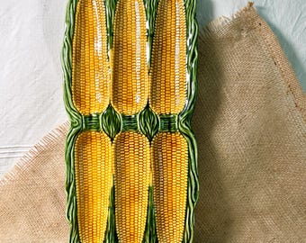 Large, Vintage,  Yellow and Green Majolica Serving Platter, Summer Corn, made in Portugal, Kitchen Gallery Wall Decor