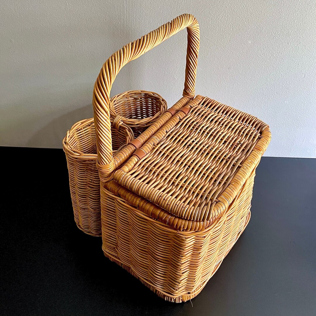 Vintage Woven Wicker Rattan Picnic Basket Lidded Wine Etsy