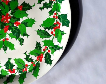 Vintage Christmas Holly Tray - Hallmark, Mid Century Modern, Red Green White, Round, Retro Holiday Decoration Decor, Magnetic, Wreath, Bar