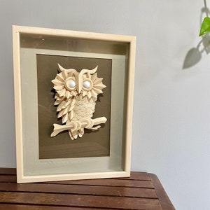 Vintage Shadow Box Frame, Cut Paper, 3D, Owl Wall Hanging Art Signed by artist, White Brown Grey, 1980's, Neutral Halloween Home Decor image 1