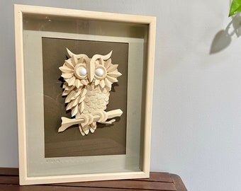 Vintage Shadow Box Frame, Cut Paper, 3D, Owl Wall Hanging Art - Signed by artist, White Brown Grey, 1980's, Neutral Halloween Home Decor