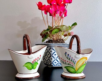 Vintage Pair of UCAGCO Flower Pails, Buckets, Candy Dishes or Small Vases - Hand Painted, Floral Flower, English Garden, Hosta