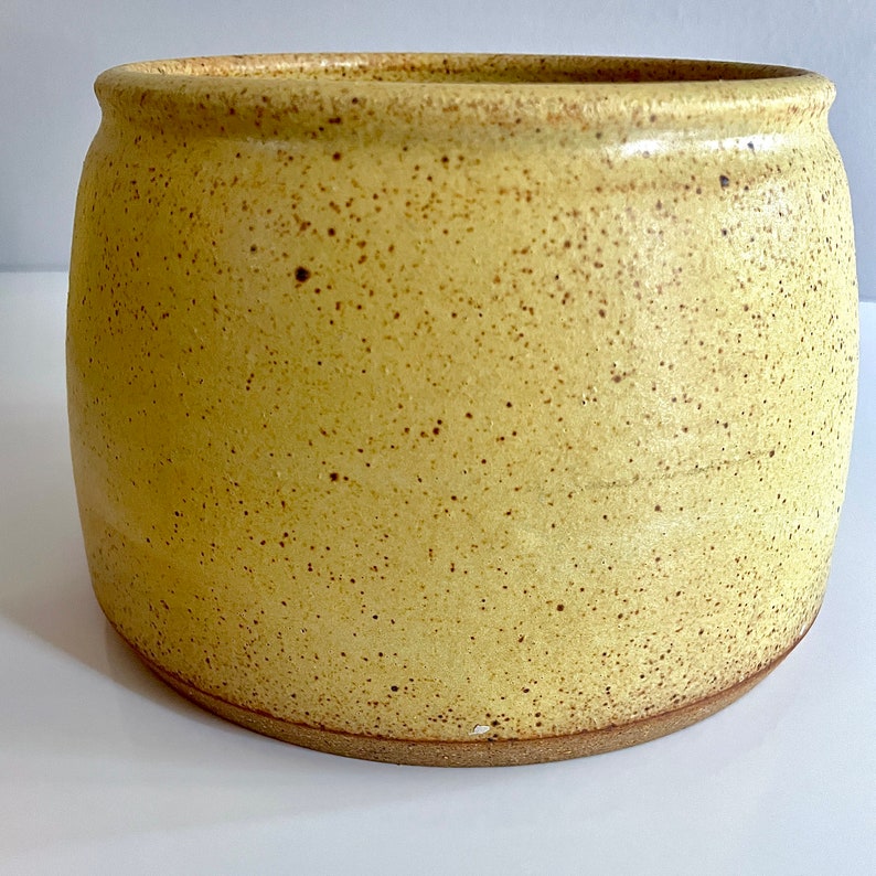 Medium Studio Pottery Cookie Jar, Treat Jar, Rustic Cork n Stoneware, Mustard Yellow with Brown Speckles Kitchen Bathroom Storage Canister image 2