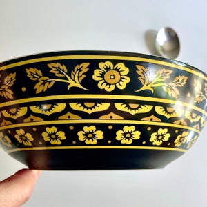 Vintage Large Serving Bowl, Sevilla Bidasoa by Block, 1969, Yellow and Gold Flowers on Matte Black Mid Century Modern Porcelain China image 2