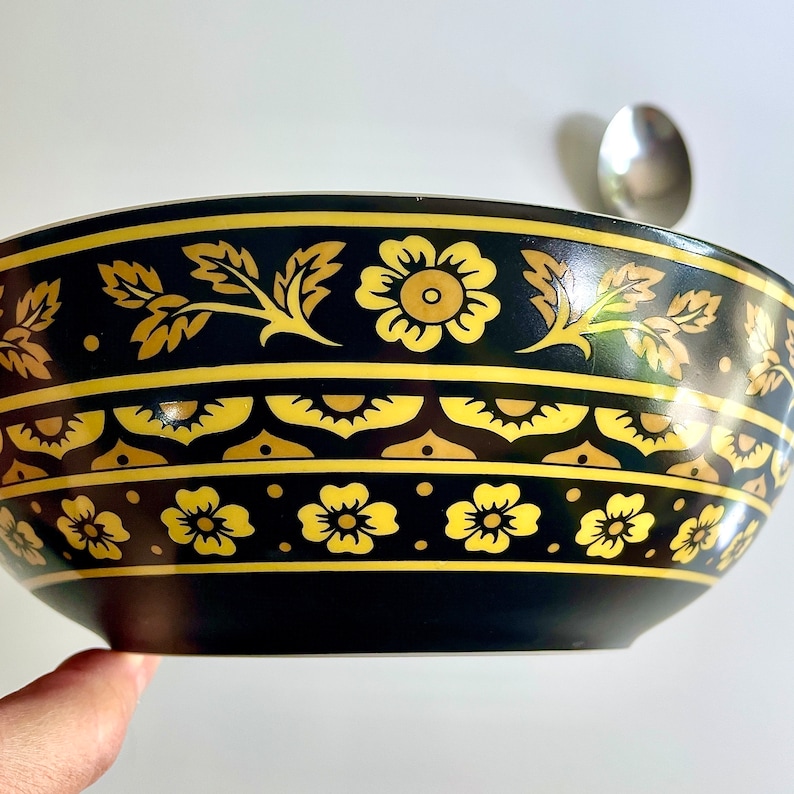 Vintage Large Serving Bowl, Sevilla Bidasoa by Block, 1969, Yellow and Gold Flowers on Matte Black Mid Century Modern Porcelain China image 2