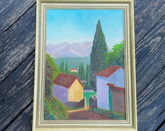 Vintage Original Painting, Acrylic on Board, Colorful French Mediterranean Impressionist Landscape - Toulon, Mont Faron, Signed Socharr