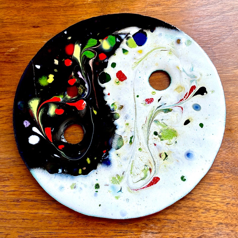 Large, Vintage Enamel on Copper Medallion, Wall Hanging, Art Piece Yin and Yang, Gallery Wall, Rainbow, Craft Item, Handmade image 2