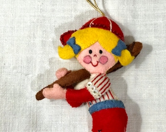 Large Vintage Felt Softball, Baseball Player Christmas Tree Ornament - Blonde Girl Child, Pigtails, Cap Bat and Uniform, Sequins, handmade