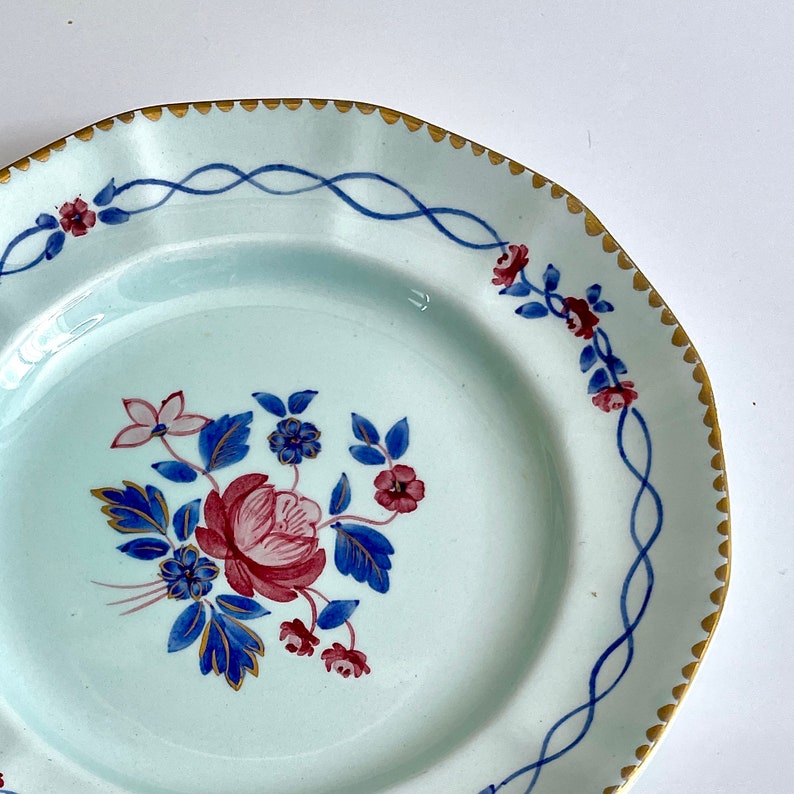 Adams China Calyx Ware, English Ironstone, Hand Painted, Bread and Butter Plate, Cascade pattern Red, Robin's Egg n Navy Blue, Gilt Gold image 1