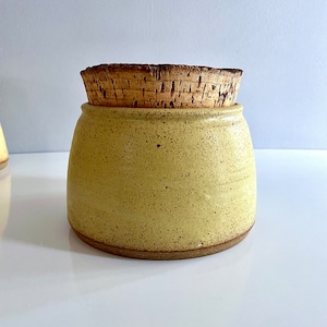 Medium Studio Pottery Cookie Jar, Treat Jar, Rustic Cork n Stoneware, Mustard Yellow with Brown Speckles Kitchen Bathroom Storage Canister image 1