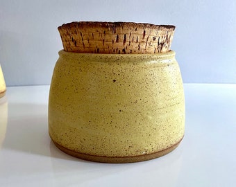 Medium Studio Pottery Cookie Jar, Treat Jar, Rustic Cork n Stoneware, Mustard Yellow with Brown Speckles - Kitchen Bathroom Storage Canister