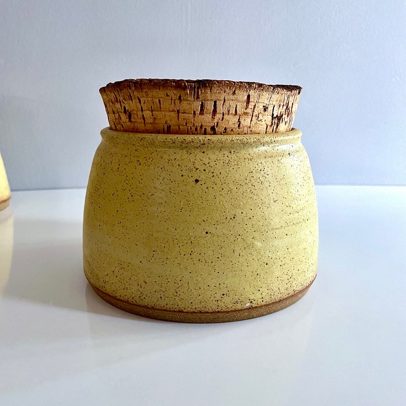 Medium Studio Pottery Cookie Jar, Treat Jar, Rustic Cork n Stoneware, Mustard Yellow with Brown Speckles Kitchen Bathroom Storage Canister image 1