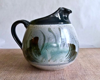 Vintage Studio Pottery Pitcher, Stoneware, Handmade, Rustic Modern, signed - Inky Blue, Celadon Sage Green, Charcoal Grey and Black