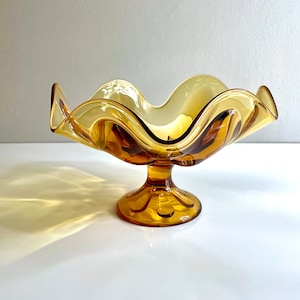 Vintage Epic Amber Glass Compote by Viking, 6 Petal Handkerchief Bowl, Swung Art Glass Pedestal Bowl - Mouth Blown, Mid Century Home Decor