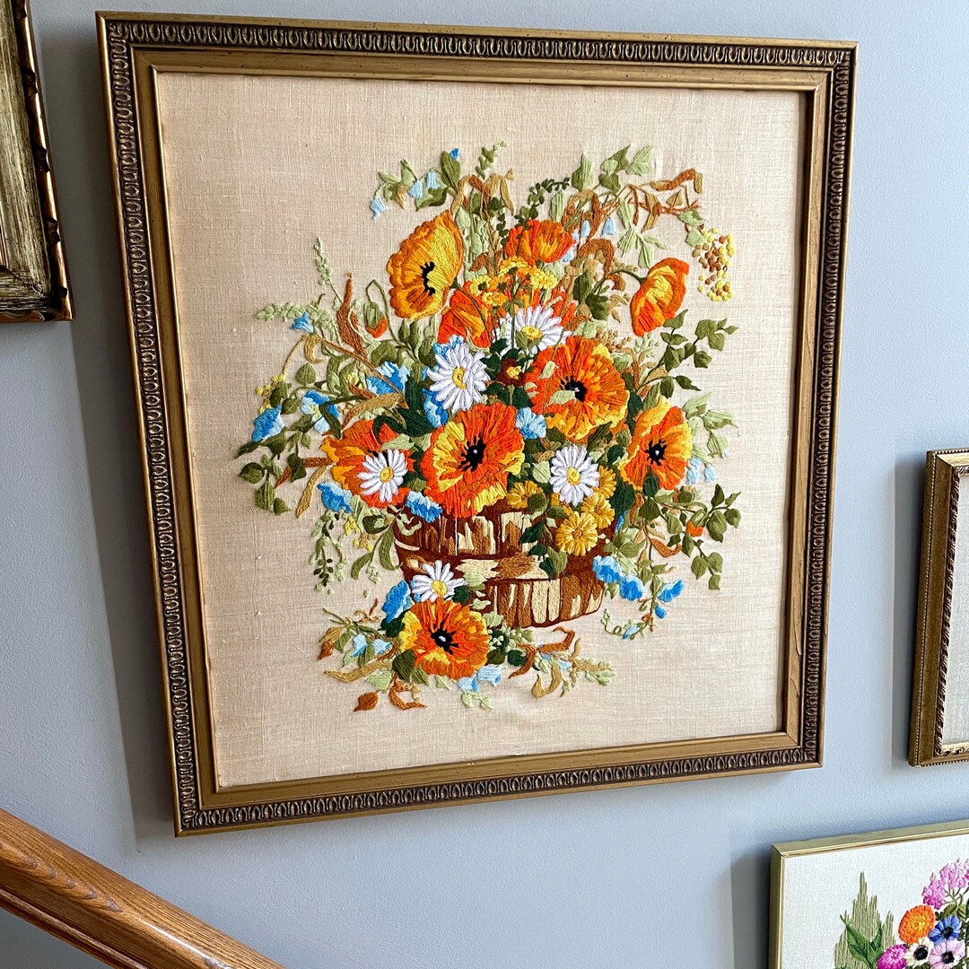 Large, Vintage Crewel Embroidery Wall Art Hanging 27x29 in - Orange ...
