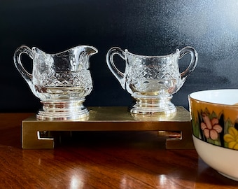 Vintage Crystal Cut Glass and Sterling Silver Petite Sugar Bowl and Creamer, Cream Pitcher Set - Gift for Mom Grandmother, High Tea for 2