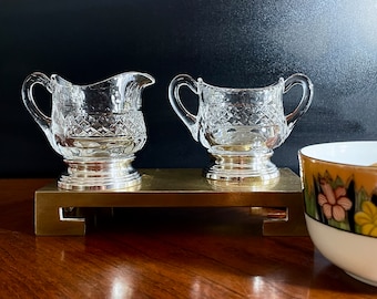 Vintage Cut Crystal Sugar Bowl and Creamer: Sterling Silver Base, Petite Tea Set