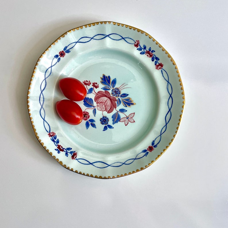 Adams China Calyx Ware, English Ironstone, Hand Painted, Bread and Butter Plate, Cascade pattern Red, Robin's Egg n Navy Blue, Gilt Gold image 3