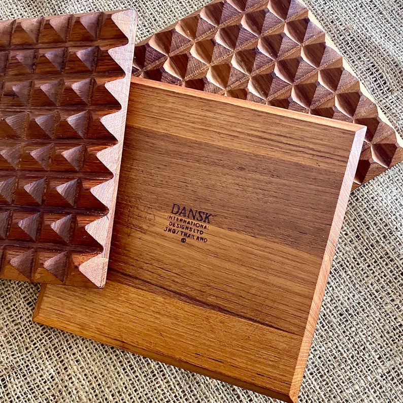 Set of 3 Dansk Teak Wood Trivets, Hot Pads or Mats, Table Protectors, Tea Kettle Stand Sawtooth, Raised, Mid Century Scandinavian Modern image 5