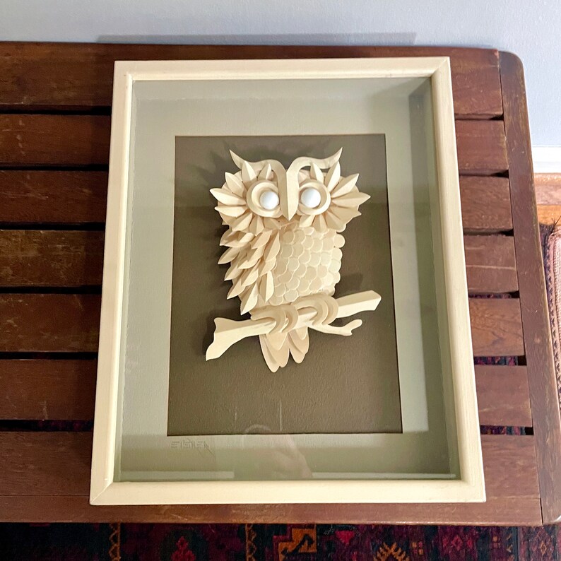 Vintage Shadow Box Frame, Cut Paper, 3D, Owl Wall Hanging Art Signed by artist, White Brown Grey, 1980's, Neutral Halloween Home Decor image 5