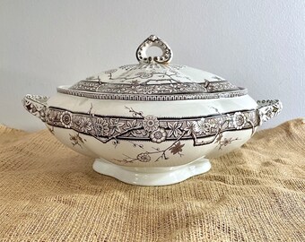 Antique T Furnival, Brown Transferware Chantilly pattern, Lidded Tureen, Serving Bowl - Quatrefoil, Aesthetic Late 1800's, Floral