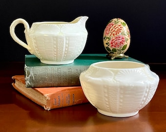 Vintage Belleek Irish Porcelain Sugar Bowl and Creamer: New Shell Yellow pattern, Sea Urchin, Seashell, Cream Pitcher