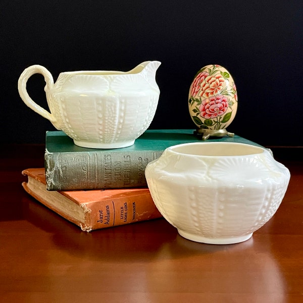 Vintage Belleek Pottery, Irish Porcelain China, Sugar Bowl and Cream Pitcher Creamer, New Shell Yellow pattern - Sea Urchin and Sea Shell