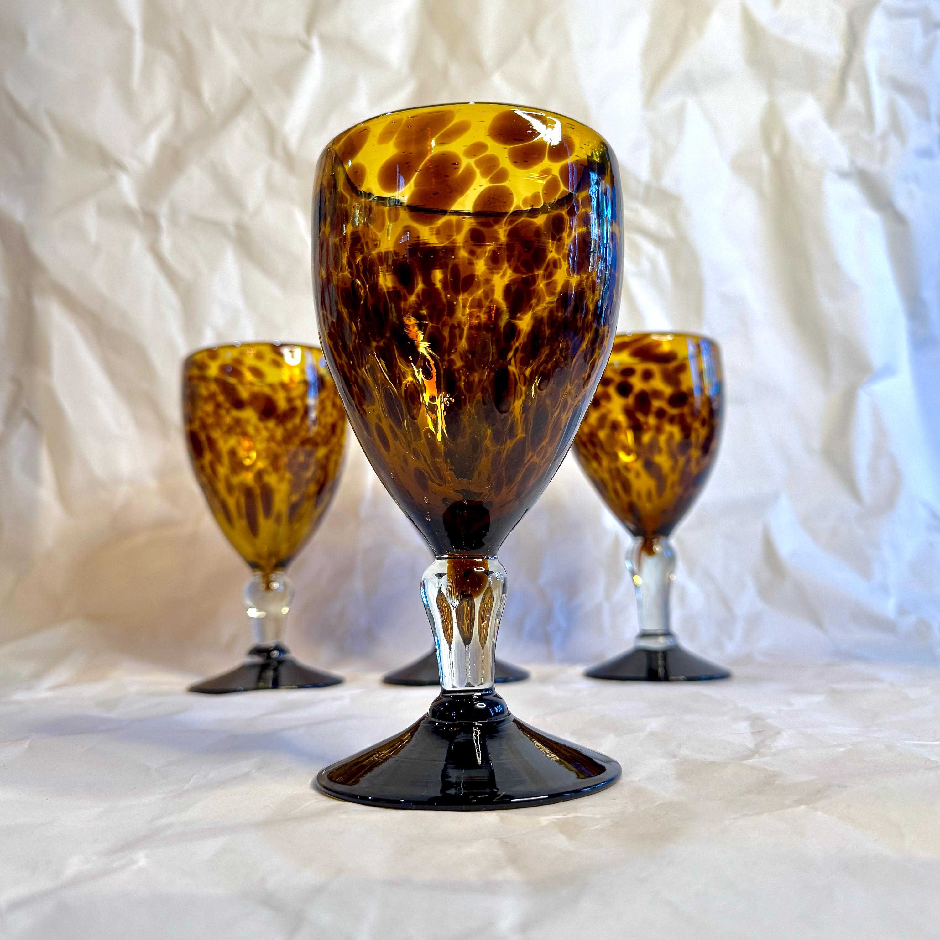 4 Vintage Tortoise Shell Glass Goblets, Hand Blown, Wine Glass Set,
