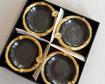 Vintage MCM individual Glass Ashtrays With Gold Colored Metal Trim, set of 4