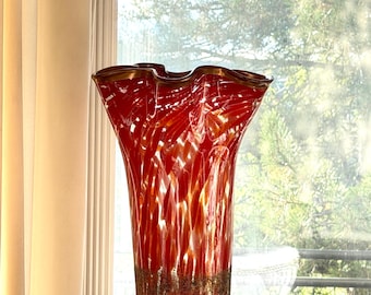 Vintage Hand Blown Art Glass Vase, Red Orange Spatter Confetti Ruffled Rim Fluted Vase, Textured Sand Base Table Centerpiece Home Decor